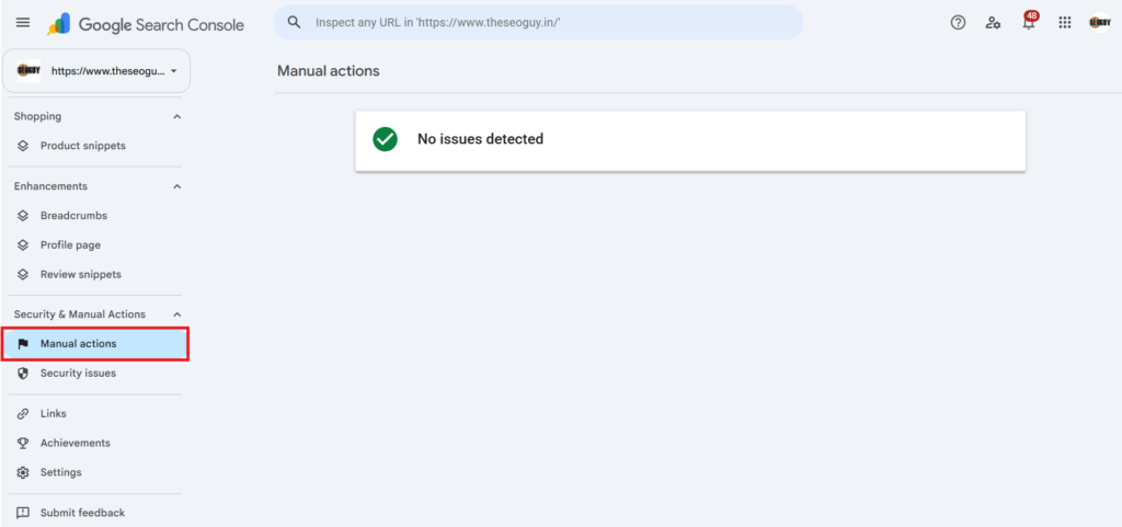 manual actions tab in google search console